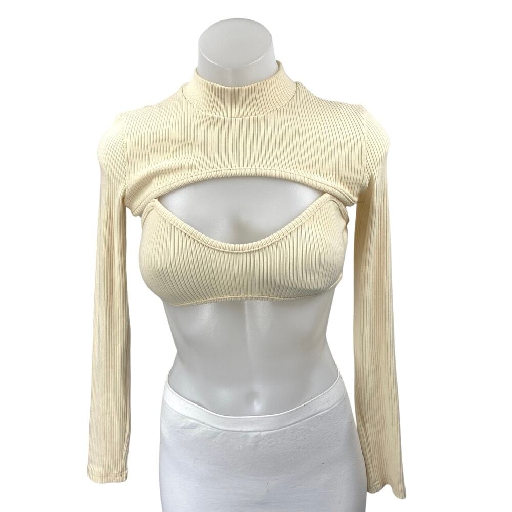 Beginning Boutique Cream Ribbed Knit Long Sleeve Cutout Sweater Crop Top Size 6